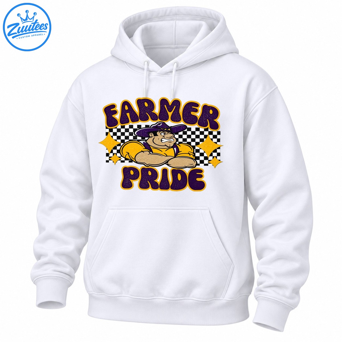 Farmer Pride shirt graphic with muscular cartoon farmer, purple and gold vintage lettering, and checkerboard background Farmer Pride shirt graphic with muscular cartoon farmer, purple and gold vintage lettering, and checkerboard background