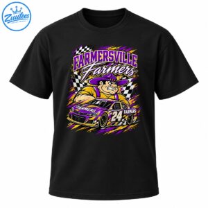 Farmersville Farmers racing graphic with cowboy mascot, purple and gold number 24 stock car, and checkered flags
