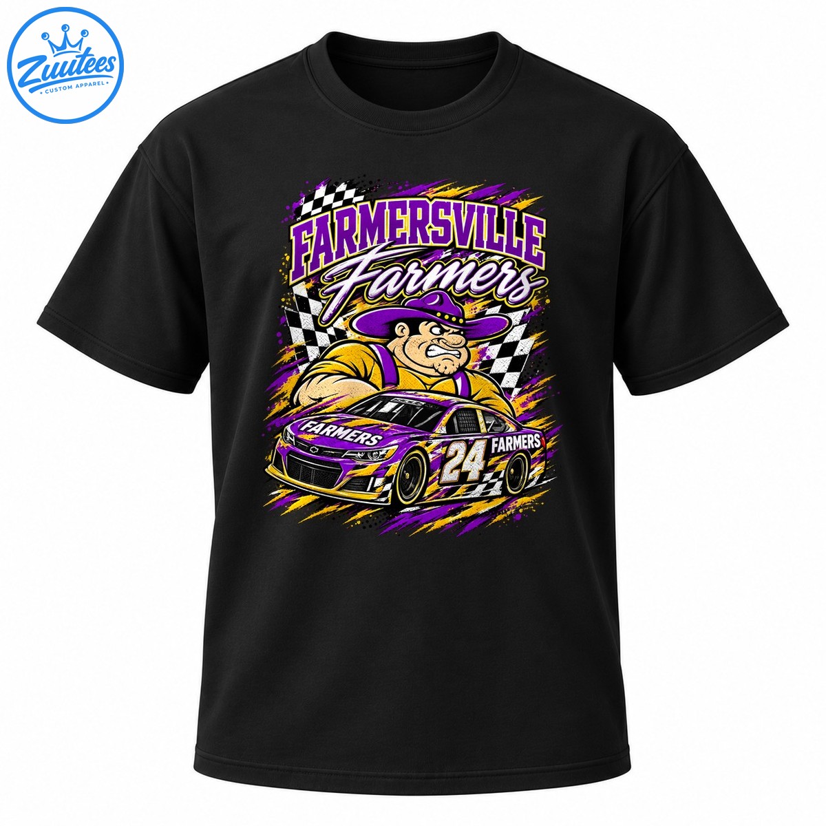 Farmersville Farmers racing graphic with cowboy mascot, purple and gold number 24 stock car, and checkered flags Farmersville Farmers racing graphic with cowboy mascot, purple and gold number 24 stock car, and checkered flags