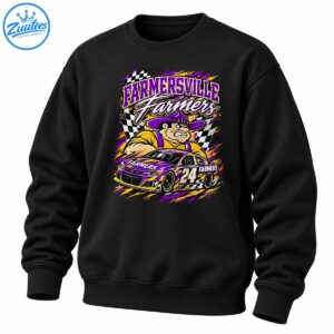 Farmersville Farmers racing graphic with cowboy mascot, purple and gold number 24 stock car, and checkered flags