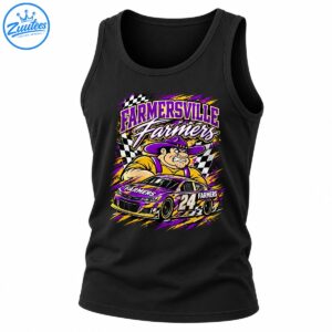 Farmersville Farmers racing graphic with cowboy mascot, purple and gold number 24 stock car, and checkered flags