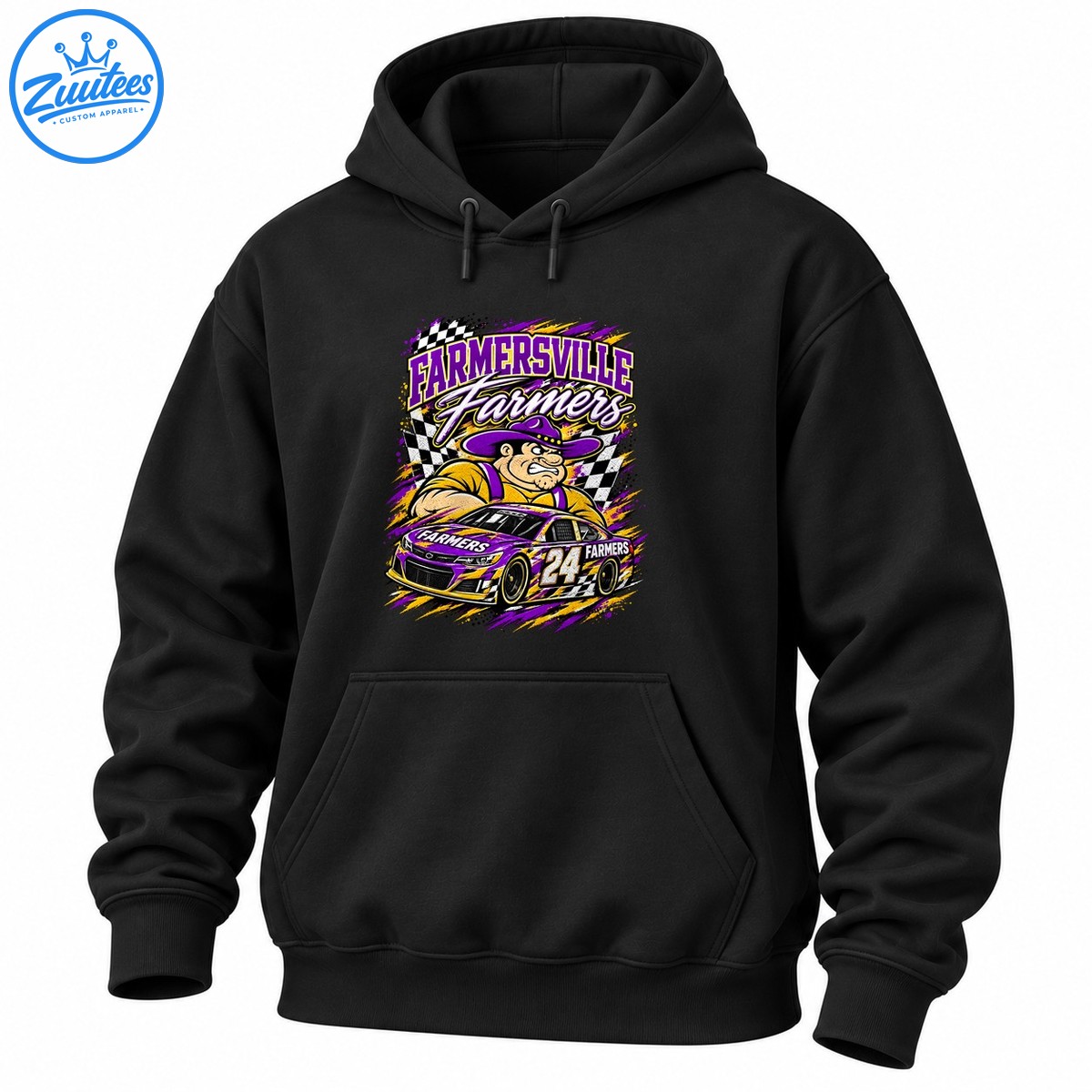 Farmersville Farmers racing graphic with cowboy mascot, purple and gold number 24 stock car, and checkered flags Farmersville Farmers racing graphic with cowboy mascot, purple and gold number 24 stock car, and checkered flags