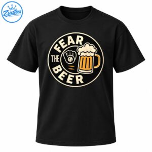 Fear The Beer retro circular graphic with cream lettering, a baseball glove, and a golden-orange beer mug