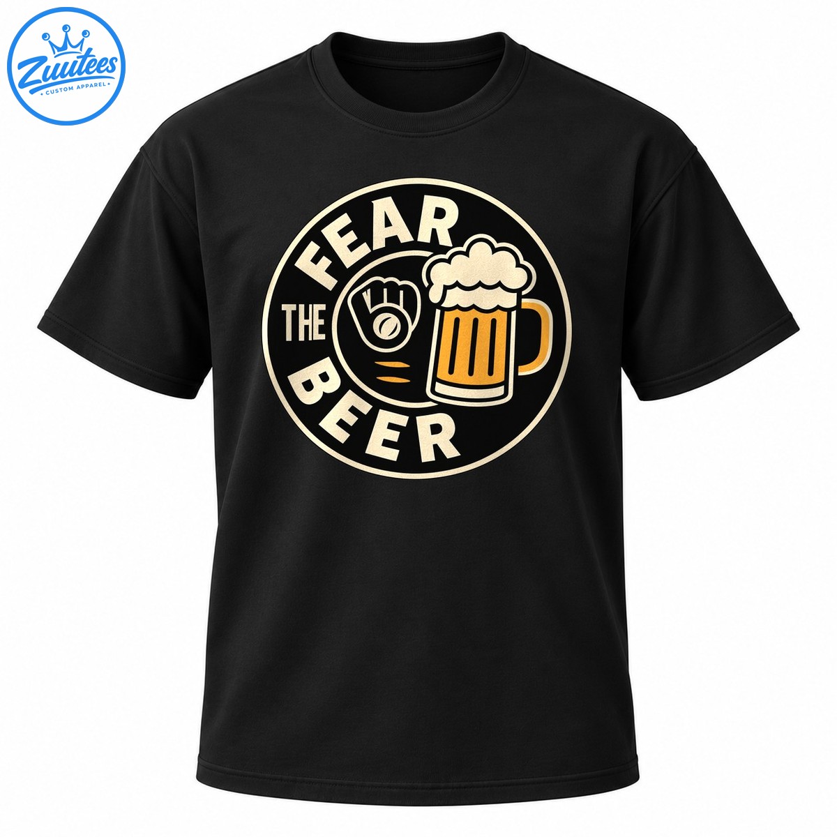 Fear The Beer retro circular graphic with cream lettering, a baseball glove, and a golden orange beer mug Fear The Beer retro circular graphic with cream lettering, a baseball glove, and a golden-orange beer mug