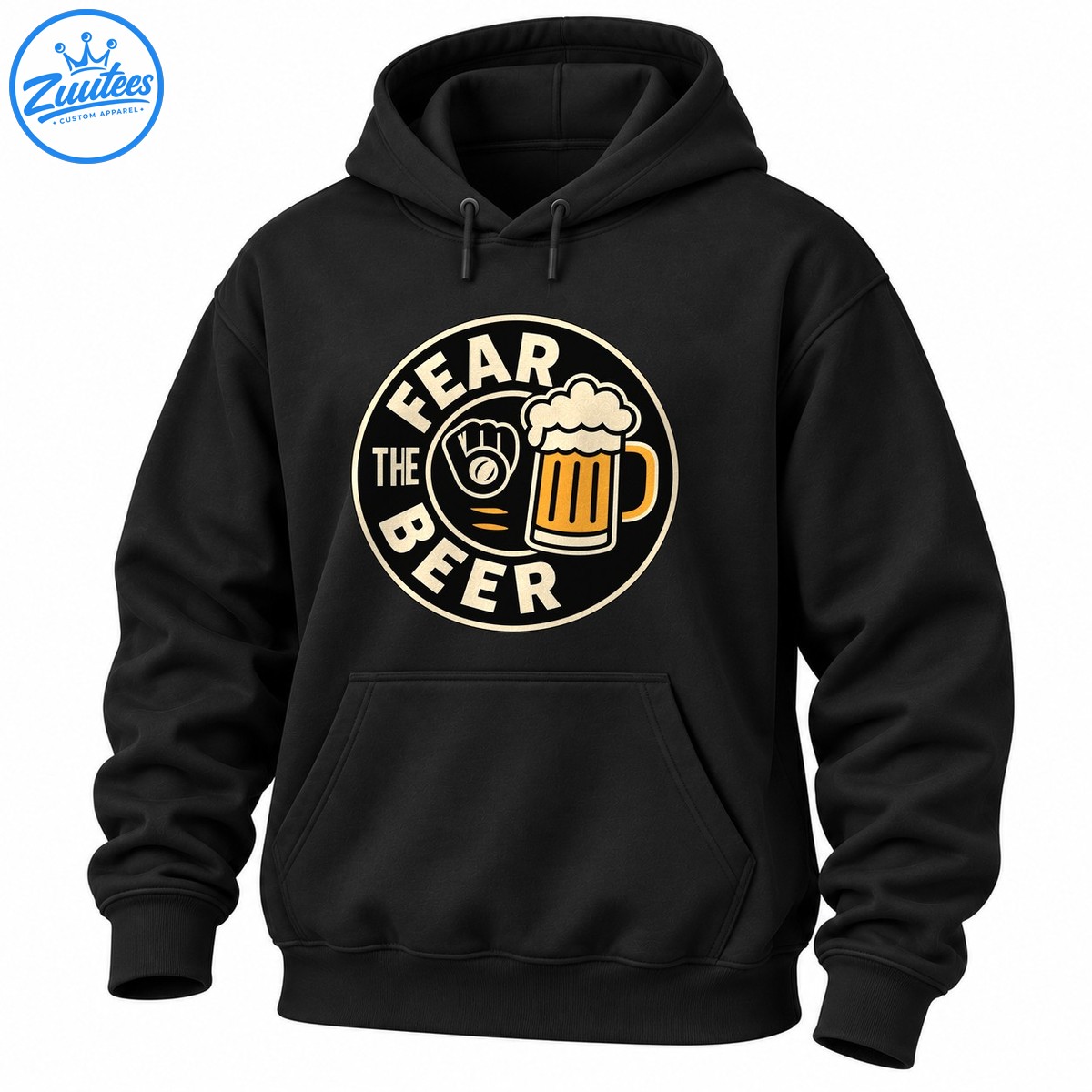 Fear The Beer retro circular graphic with cream lettering, a baseball glove, and a golden orange beer mug Fear The Beer retro circular graphic with cream lettering, a baseball glove, and a golden-orange beer mug