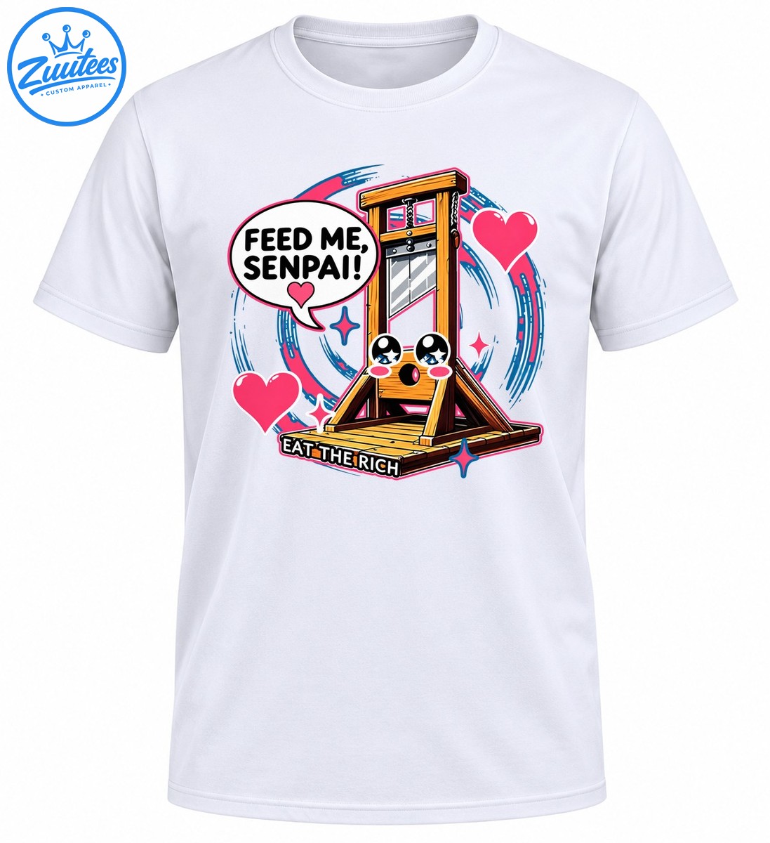 Kawaii wooden guillotine graphic with FEED ME SENPAI speech bubble, pink hearts, and EAT THE RICH slogan Kawaii wooden guillotine graphic with FEED ME SENPAI speech bubble, pink hearts, and EAT THE RICH slogan
