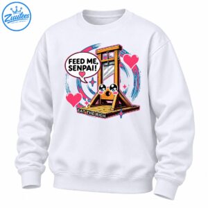 Kawaii wooden guillotine graphic with FEED ME SENPAI speech bubble, pink hearts, and EAT THE RICH slogan