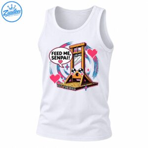 Kawaii wooden guillotine graphic with FEED ME SENPAI speech bubble, pink hearts, and EAT THE RICH slogan