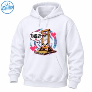 Kawaii wooden guillotine graphic with FEED ME SENPAI speech bubble, pink hearts, and EAT THE RICH slogan