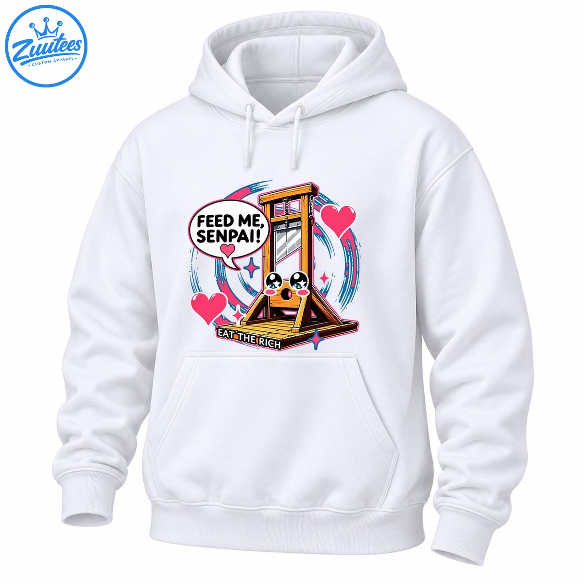 Kawaii wooden guillotine graphic with FEED ME SENPAI speech bubble, pink hearts, and EAT THE RICH slogan Kawaii wooden guillotine graphic with FEED ME SENPAI speech bubble, pink hearts, and EAT THE RICH slogan