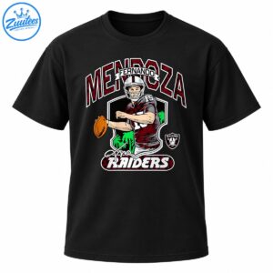 Fernando Mendoza number 15 quarterback graphic with football, signature flourish, red lettering, and Raiders wordmark