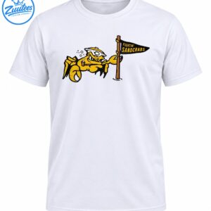 Vintage Fightin Sandcrabs shirt design with fierce yellow cartoon crab in sailor cap holding black pennant flag