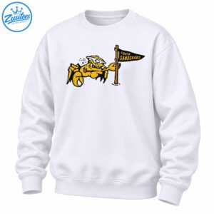 Vintage Fightin Sandcrabs shirt design with fierce yellow cartoon crab in sailor cap holding black pennant flag