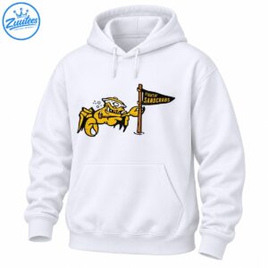Vintage Fightin Sandcrabs shirt design with fierce yellow cartoon crab in sailor cap holding black pennant flag