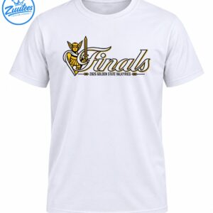 Golden State Valkyries Finals 2026 design with a gold-armored Valkyrie holding a sword and white script lettering
