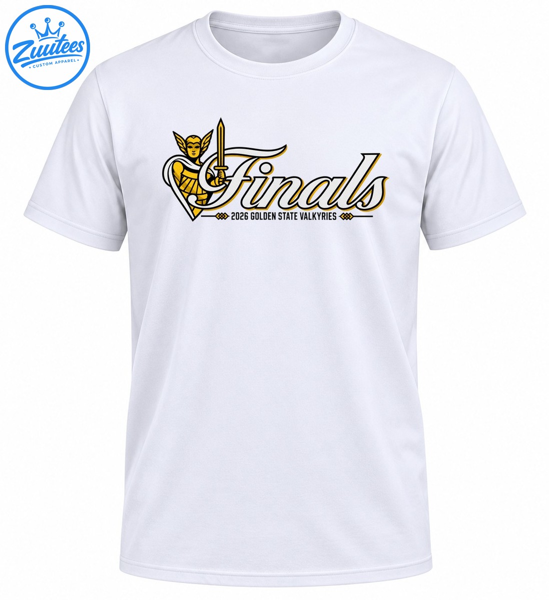 Golden State Valkyries Finals 2026 design with a gold armored Valkyrie holding a sword and white script lettering Golden State Valkyries Finals 2026 design with a gold-armored Valkyrie holding a sword and white script lettering