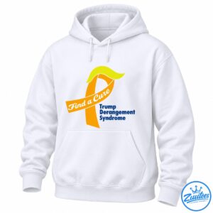 Orange awareness ribbon with white Find a Cure script, yellow swoosh, and blue Trump Derangement Syndrome text