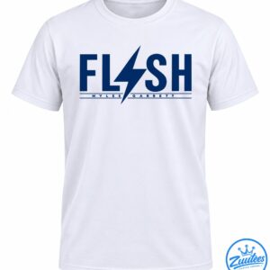 Navy FLASH lettering with a large lightning bolt and MYLES GARRETT text between two horizontal lines