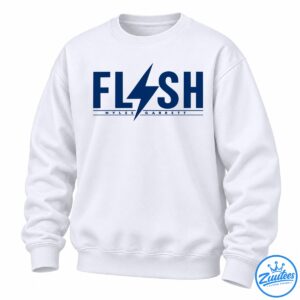 Navy FLASH lettering with a large lightning bolt and MYLES GARRETT text between two horizontal lines