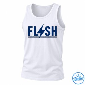 Navy FLASH lettering with a large lightning bolt and MYLES GARRETT text between two horizontal lines