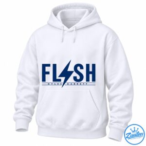 Navy FLASH lettering with a large lightning bolt and MYLES GARRETT text between two horizontal lines
