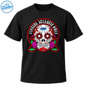 Florida Atlantic Owls sugar skull shirt design with Gothic lettering, blue owl emblem, red floral eyes, pink roses, and green leaves