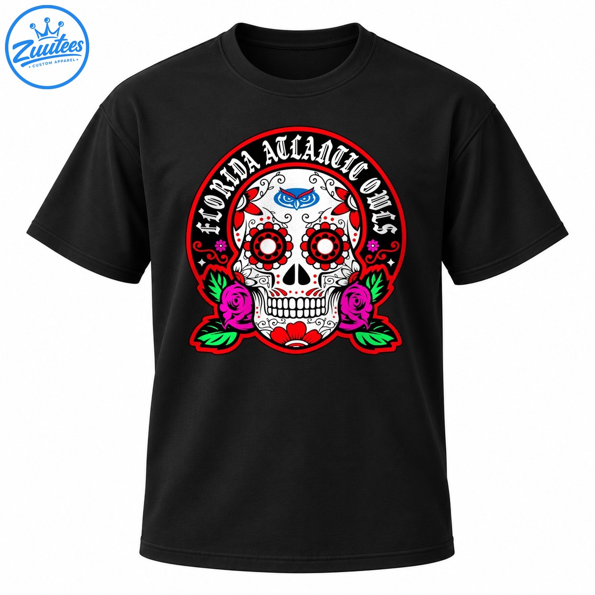 Florida Atlantic Owls sugar skull shirt design with Gothic lettering, blue owl emblem, red floral eyes, pink roses, and green leaves Florida Atlantic Owls sugar skull shirt design with Gothic lettering, blue owl emblem, red floral eyes, pink roses, and green leaves