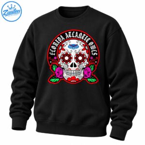 Florida Atlantic Owls sugar skull shirt design with Gothic lettering, blue owl emblem, red floral eyes, pink roses, and green leaves