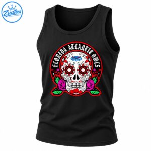 Florida Atlantic Owls sugar skull shirt design with Gothic lettering, blue owl emblem, red floral eyes, pink roses, and green leaves