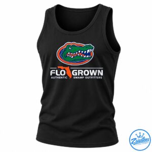 Green snarling alligator graphic with orange and blue oval, Florida silhouette, and FLOGROWN SWAMP OUTFITTERS text