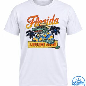 Florida alligator mascot wearing sunglasses, a straw hat, and floral shirt above a Leisure Club wooden sign