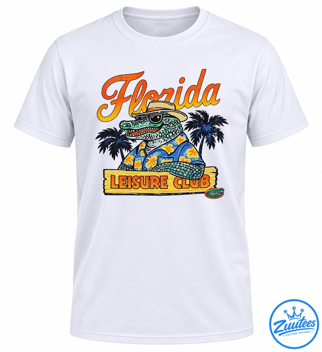 Florida Gators Leisure Club Welcome To The Swamp Mascot Shirt Florida alligator mascot wearing sunglasses, a straw hat, and floral shirt above a Leisure Club wooden sign