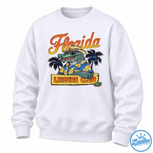 Florida alligator mascot wearing sunglasses, a straw hat, and floral shirt above a Leisure Club wooden sign