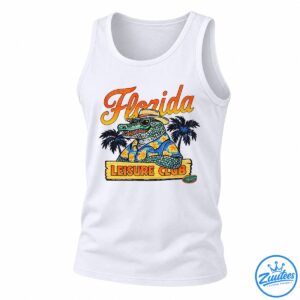 Florida alligator mascot wearing sunglasses, a straw hat, and floral shirt above a Leisure Club wooden sign