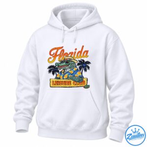 Florida alligator mascot wearing sunglasses, a straw hat, and floral shirt above a Leisure Club wooden sign