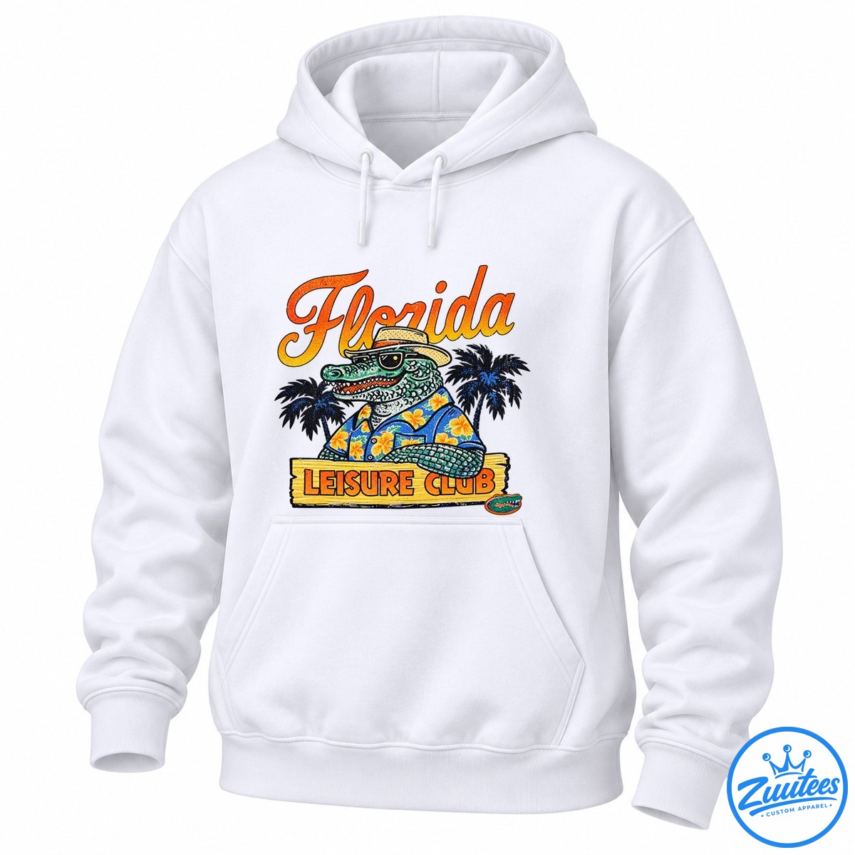 Florida Gators Leisure Club Welcome To The Swamp Mascot Shirt Florida alligator mascot wearing sunglasses, a straw hat, and floral shirt above a Leisure Club wooden sign