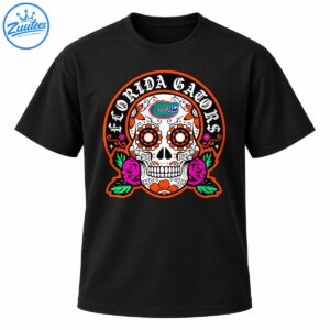 Florida Gators sugar skull design with white Gothic lettering, orange floral eyes, green alligator emblem, pink roses, and green leaves