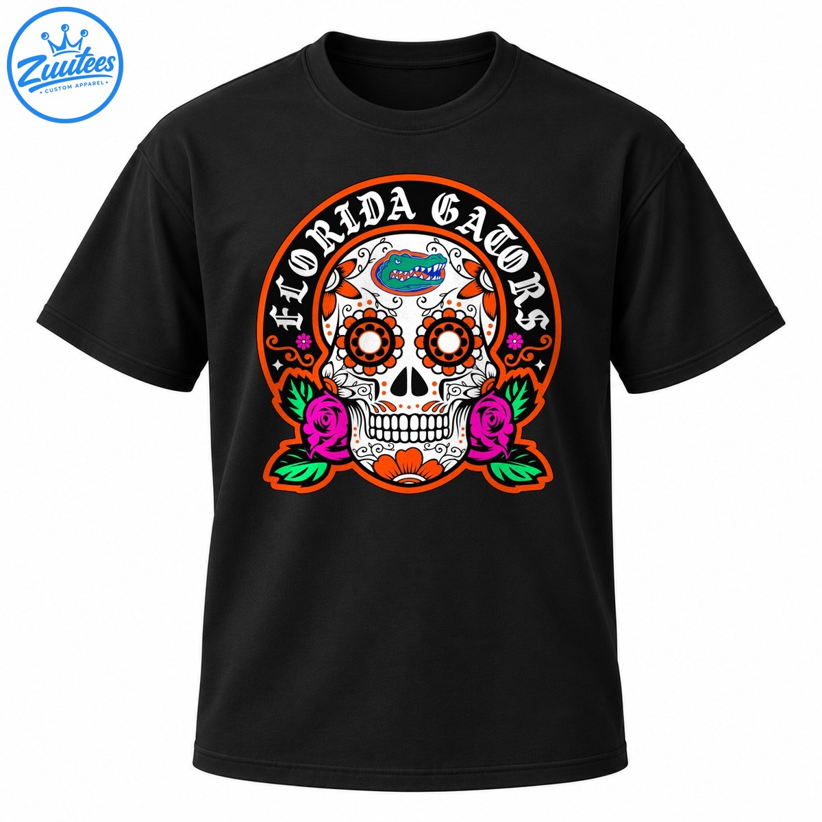 Florida Gators sugar skull design with white Gothic lettering, orange floral eyes, green alligator emblem, pink roses, and green leaves Florida Gators sugar skull design with white Gothic lettering, orange floral eyes, green alligator emblem, pink roses, and green leaves