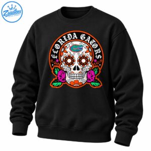 Florida Gators sugar skull design with white Gothic lettering, orange floral eyes, green alligator emblem, pink roses, and green leaves