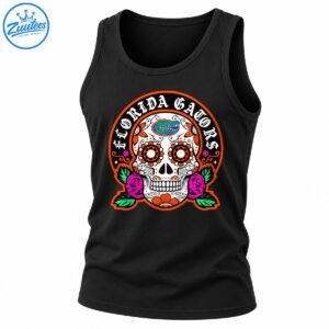 Florida Gators sugar skull design with white Gothic lettering, orange floral eyes, green alligator emblem, pink roses, and green leaves