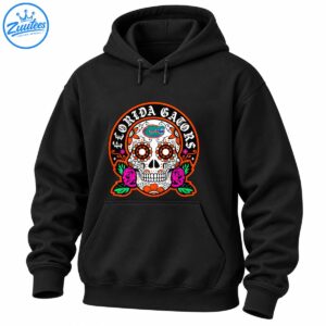 Florida Gators sugar skull design with white Gothic lettering, orange floral eyes, green alligator emblem, pink roses, and green leaves