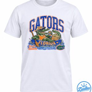 Florida Gators mascot shirt design with a sunglasses-wearing alligator in a raft, orange cooler, and vintage blue lettering