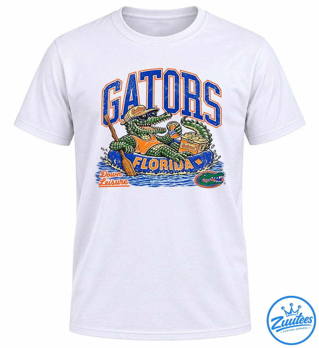Florida Gators Welcome To The Swamp Mascot Shirt Florida Gators mascot shirt design with a sunglasses-wearing alligator in a raft, orange cooler, and vintage blue lettering