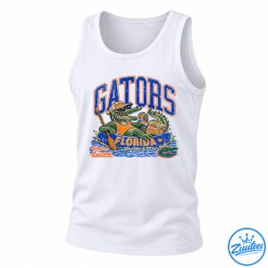 Florida Gators mascot shirt design with a sunglasses-wearing alligator in a raft, orange cooler, and vintage blue lettering