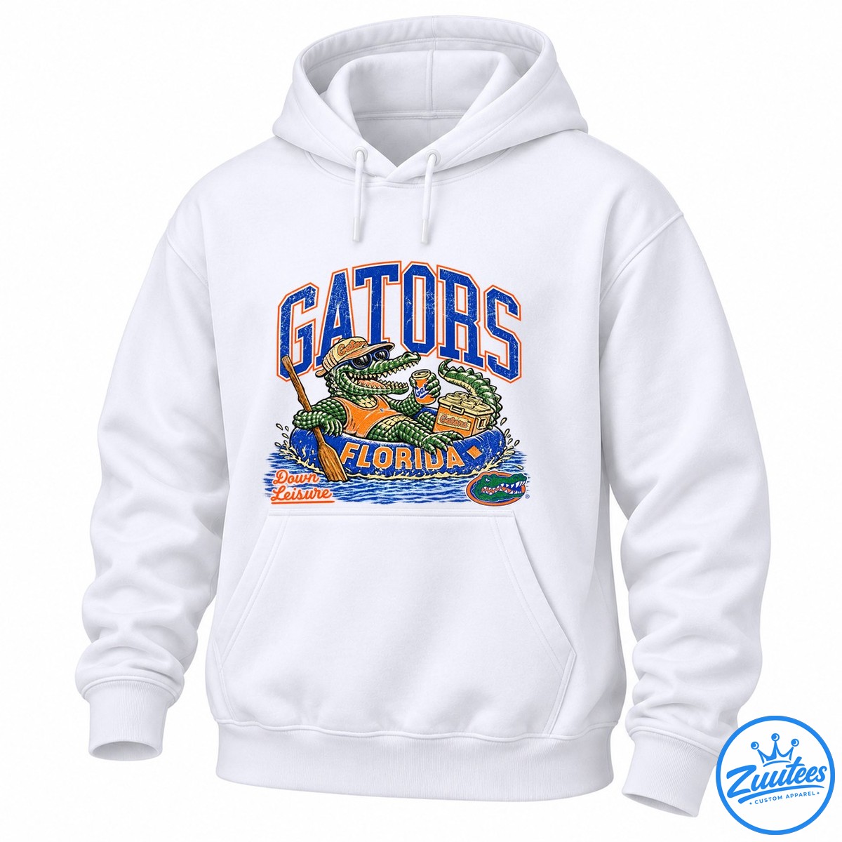 Florida Gators Welcome To The Swamp Mascot Shirt Florida Gators mascot shirt design with a sunglasses-wearing alligator in a raft, orange cooler, and vintage blue lettering