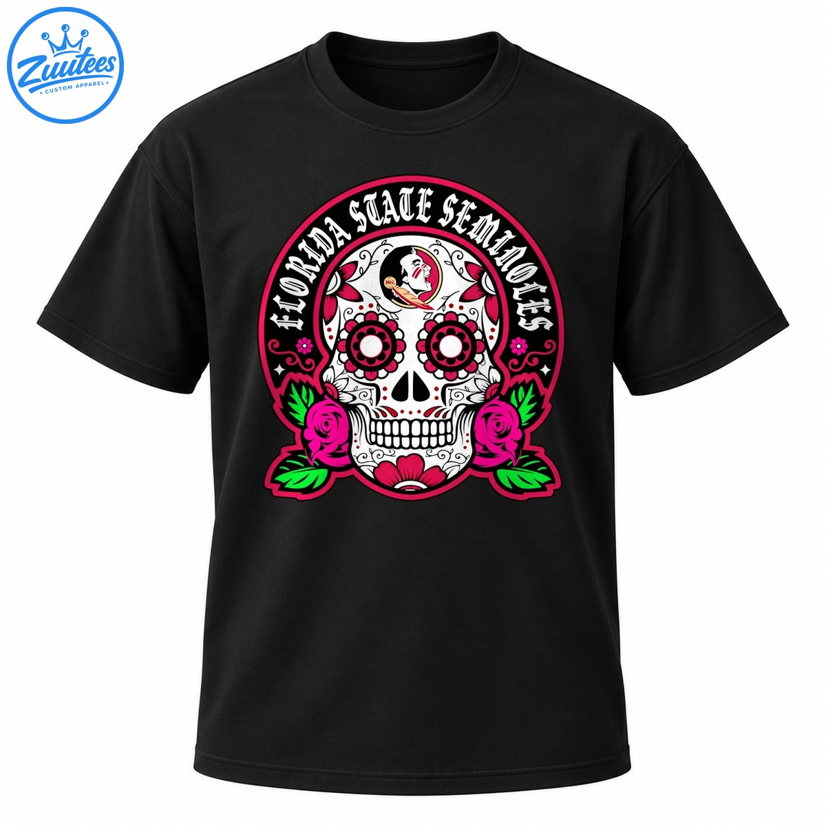 Florida State Seminoles sugar skull graphic with white lettering, pink floral eyes, magenta roses, green leaves, and garnet accents Florida State Seminoles sugar skull graphic with white lettering, pink floral eyes, magenta roses, green leaves, and garnet accents