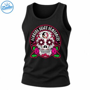 Florida State Seminoles sugar skull graphic with white lettering, pink floral eyes, magenta roses, green leaves, and garnet accents