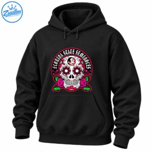 Florida State Seminoles sugar skull graphic with white lettering, pink floral eyes, magenta roses, green leaves, and garnet accents