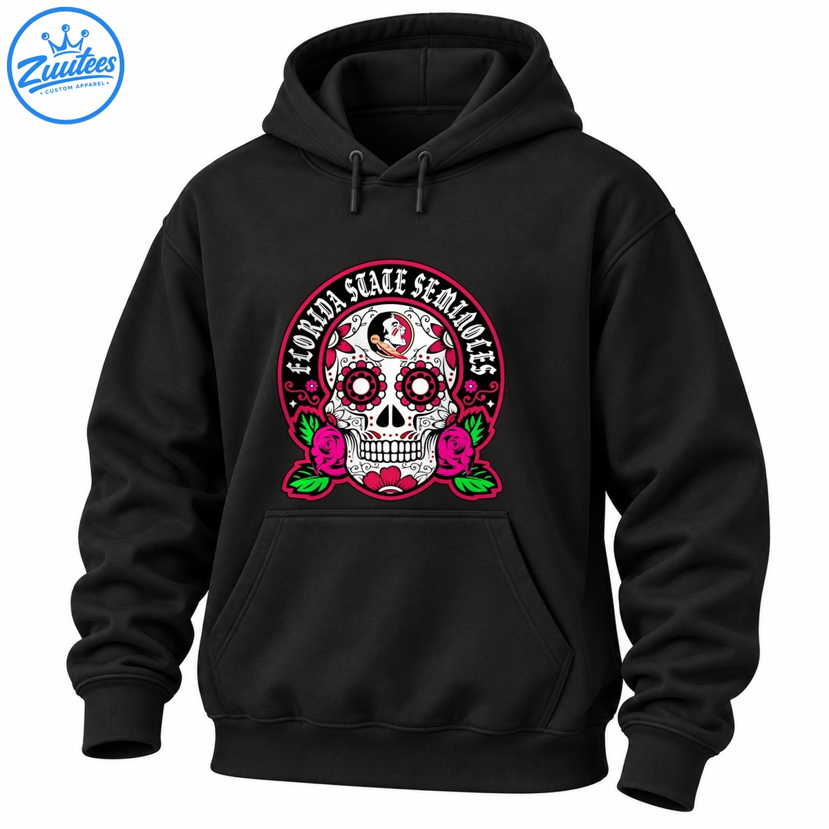 Florida State Seminoles sugar skull graphic with white lettering, pink floral eyes, magenta roses, green leaves, and garnet accents Florida State Seminoles sugar skull graphic with white lettering, pink floral eyes, magenta roses, green leaves, and garnet accents