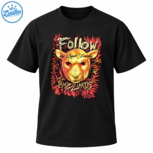 Retro Wyatt Family Follow The Buzzards shirt graphic featuring a golden lamb, red flames, and distressed lettering